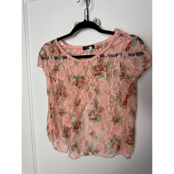 Vintage Y2K DEB Pink Floral Lace Sheer Short Sleeve Romantic Baby Top Small - Picture 2 of 6